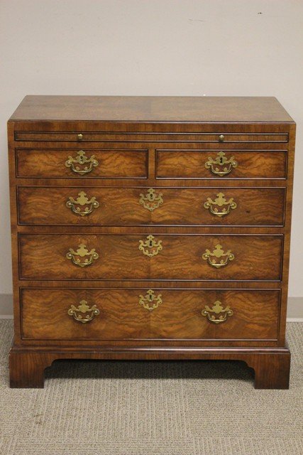 Burled Walnut Baker Furniture Co. Server Chest: This Baker furniture company Chippendale style server, burled walnut finish and block/bracket feet. Top pull out table or service tray with leather, brass hardware to match the Chippendale design by B