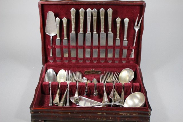 Art Krupp Berndoff Silver-plate Flatware Set: Rare Art Krupp Berndoff silver-plate flatware set, turn of the century Austrian, including: 6 dinner knives, 4 butter knives, 1 pie server, 1 carving knife, 1 cake knife, 2 ladles, 1 large serving spo