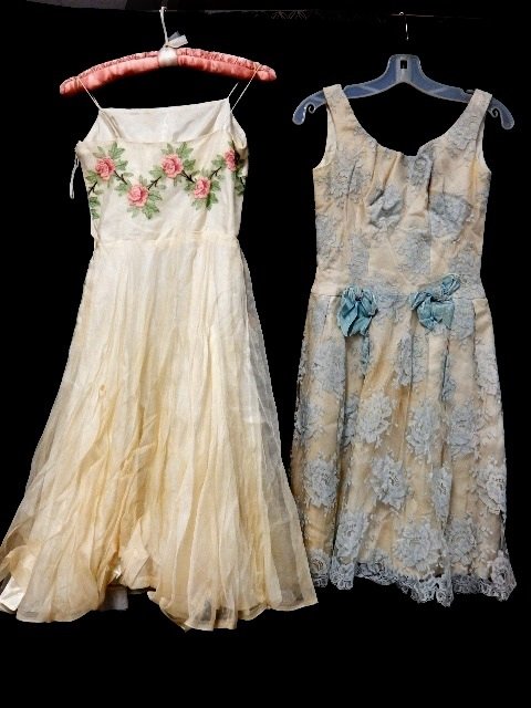 1950's Frank Star & Florence Kay Party Dresses: Frank Star party / prom dress, ivory sheer organza with rose embroidery and crinoline under skirt. Nice condition size small. With Florence Kay 1950's part prom dress, pale aqua and ivory lace overlay