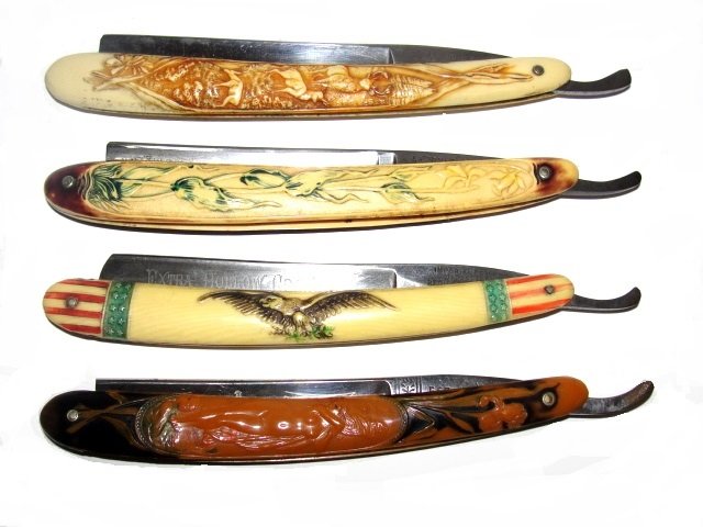 Collection Of Vintage Celluloid Straight Razors: Oxford Razor Germany celluloid scales with 3 deer grazing ELK, STAG and DOE on one side other side plain, Antoni Tadross.# 3096 Blade etched with Antoni Tadross and etched floral design. Back side pla