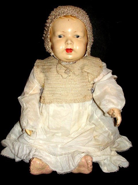 Effanbee Composition & Cloth Doll Ca.1920's: Effanbee unmarked large chunky composition & cloth doll. Condition open crack on side of neck, painted molded hair flaking with loses to body legs. 20'' Tall. ''NO STANDS GO WITH DOLL'S''
