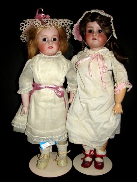 Kesnter # 6 and Morimura Brothers Japan# 5 Dolls: Morimura Brothers Japan Bisque Doll # 5. Having blonde wig, sleepy brown eyes'' with paint loss to eye lids'', open mouth with upper teeth, kid jointed riveted body with bisque arms & hand. 19'' tall.