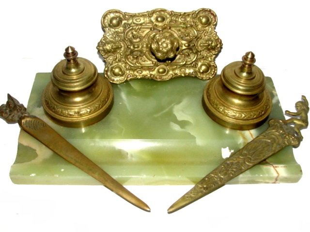 Art Deco Bronze And Onyx Inkwell, Blotter & More (1 of 7)