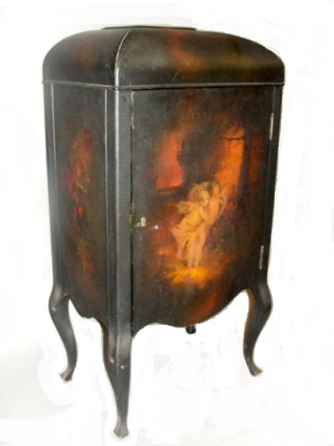 Verni Martin Music Cabinet With H.P. Cherubs: Domed top music cabinet in the Verni Martin style with H.P. scenes of winged cherubs and flower designs. Condition old alligator finish, door needs adjustment, missing two inner shelves. H. 40'' W. 20