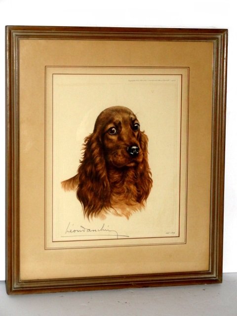Leon Danchin French 1887-1938 Litho Red Cocker: Signed in pencil dated 1938 ''The Year He Died'' Titled Red Cocker on label on back side. Copyright by Leon Danchin 6 rue Edmond About Paris XVI 1938. image H. 12'' W. 10'' frame 19'' x 16''. Conditio