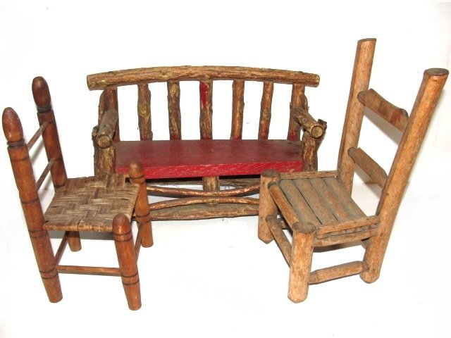 Doll House Wood Splint Seat Bench & Chairs (1 of 8)