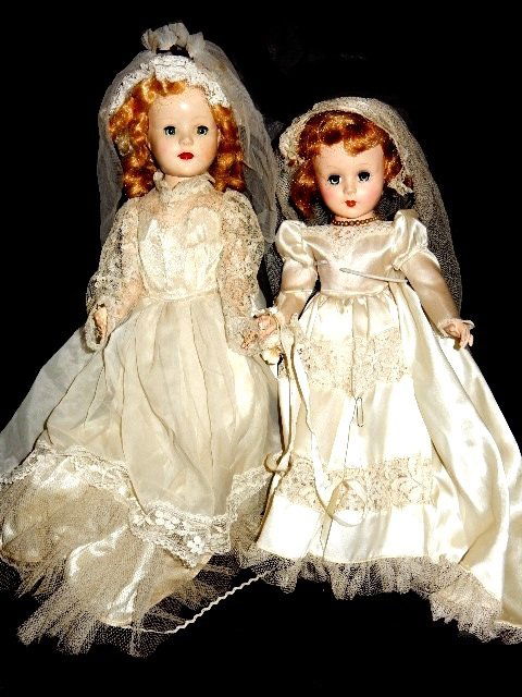Jolly Toys N.Y. & American Character Brides Dolls: Tagged on dress Jolly Toys New York. Hard plastic doll, with fully jointed body, blue sleepy eyes, hands and legs work fine all original vintage satin and lace bride gown with trailing dress and net v