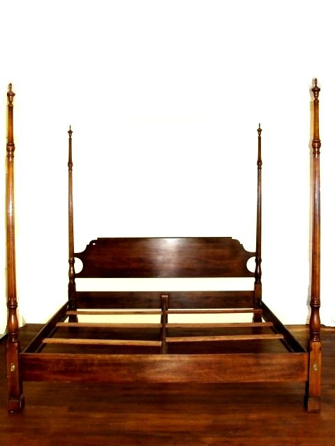 Drexel Cherry King Size Pencil Post Poster Bed: Fine quality cherry tall pencil post four poster bed with removable finials. Condition very good. Est. size 86'' tall³ wide 80'' length 80'' Unmarked Drexel bed.