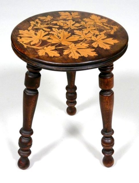 Inlaid Oak Leaf Three Leg Stool (1 of 2)