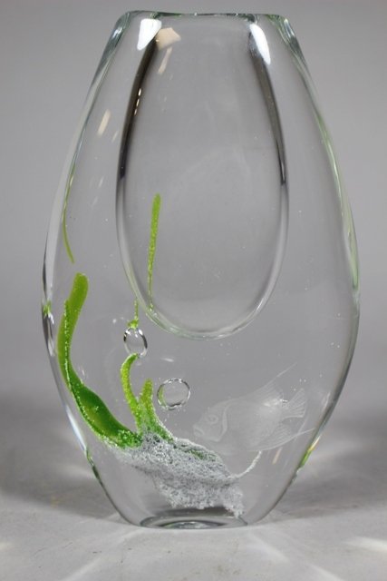 Vicke Lindstrand for Kosta Engraved Art Glass Vase: Kosta Boda, Sweden, art glass vase signed with "Kosta" name and "LG 348 B" which marks the piece as being engraved by Vicke Lindstrand who used the lg mark. Lindstrand worked from 1950-73. H 7 1/2". G