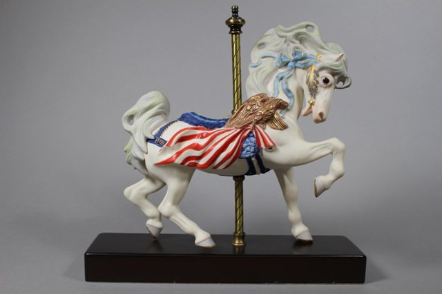 Cybis Artist Proof Bicentennial Horse, Ticonderoga: ''Bicentennial Carousel Horse, Ticonderoga'', number Artist Proof, dimensions with base 13'' x 12''. CONDITION: Very good.