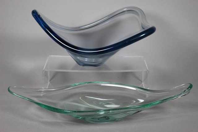Pair of 1950's Holmegaard Glass Console Bowls: Pair of signed Holmegaard glass console bowls. Triangle shape, 1953, H 4 1/2 x W 11". Long bowl, 1951, H 2" x W 15" x D 6". Both in good condition, no chips or cracks.