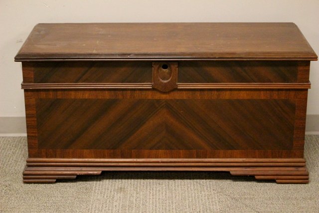 Unusual Cawell-Runyan Cedar Chest: Original paperwork, keys and rare pull out sides as shown. Approx 22" x 45" x 19". Fair condition