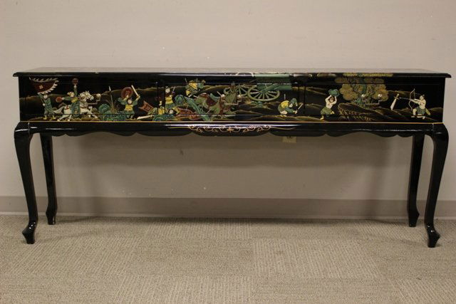 Oversized Black Laqured Sofa Table: 20th century sofa table with oriental (chinese influence) queen ann style legs. Note left side back leg has minor laquer loss (see photo). Approx 73" wide x 30" tall x 16" deep.