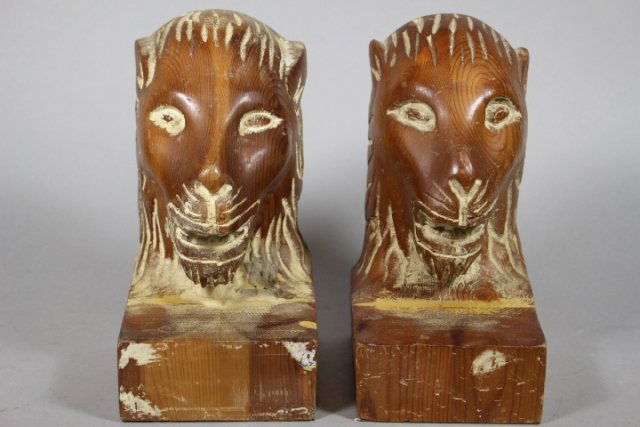 Pr. Hand Carved Wood Lion Head Bookends (1 of 4)