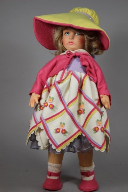 1984 Lenci Chiara Doll #162/999 After 1930 Original: Lenci, 1984, Chiara #162/999 copy after 1930 original. Felt doll with painted blue eyes, blonde hair, and all felt body. Marked on head BA 162, tag on back, signed right foot. H 20". Excellent conditi