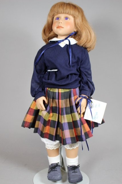 1993 Sonja Hartman Vinyl Doll Anja #266/350: Sonja Hartmann, W. German, 1993, Anja #266/350. Lower cloth doll with vinyl upper half, glass hazel eyes, and red human hair wig. Marked on head and body. H 23". Overall excellent condition in origina