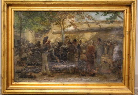 19th Century French Oil on Canvas Signed: late 19th century French oil on canvas painting, untitled, signed recto l.r., appears to read "P. Grivouas." Oil on canvas Impressionistic French street scene, a group of gathered people playing music