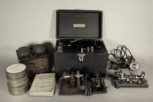 Instructograph, Vibroplex & J.H. Bunnell Telegraph: Instructograph Co., Chicago, Morse code instructional machine with original headset and five American Morse code paper reels. J.H. Bunnell & Co., NY, telegraph key. Vibroplex Deluxe Morse Code Iambic