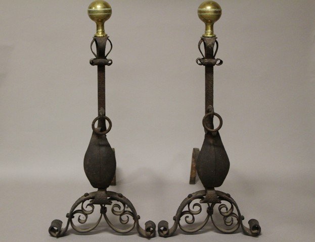 Pair of 19th C. Wrought Iron Gothic Style Andirons (1 of 7)