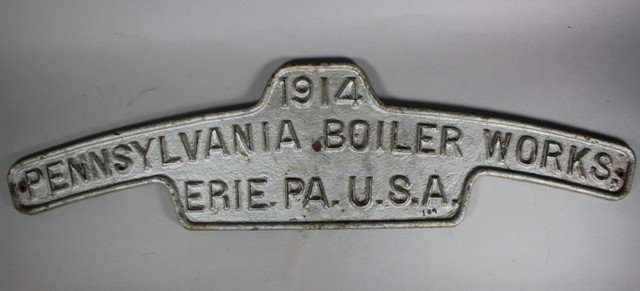 1914 Pennsylvania Boiler Works Builder's Plate: 1914 Pennsylvania Boiler Works, PA, cast iron builder's plate, repainted. H 9" x W 35". Good condition, rust throughout, repainted.
