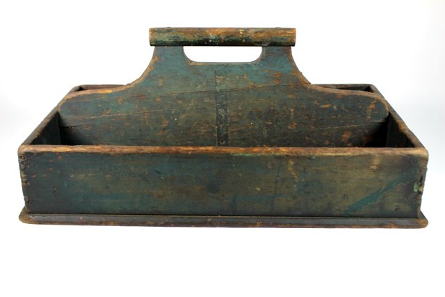 ca 1840 Green Painted Pine Utility Tray: ca 1840 pine utility tray, painted green. H. 9" W. 12" L. 20". Overall good condition, AS IS.