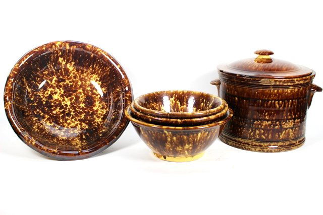 Bennington Pottery Mottled Brown Glaze Crock & Bowls (1 of 9)