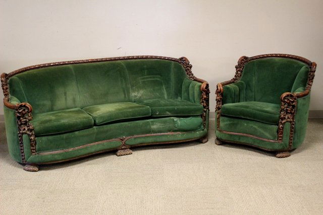 Heavily Carved Art Deco Sofa and Chair (1 of 9)