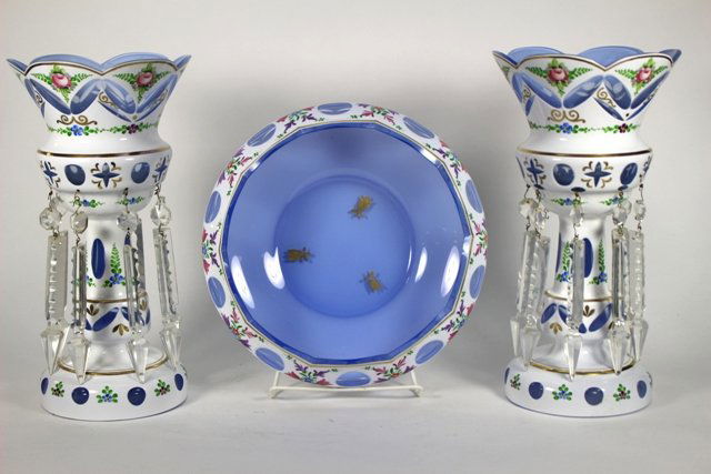 Bohemian White Cut to Blue Prism Lustres & Bowl (1 of 9)