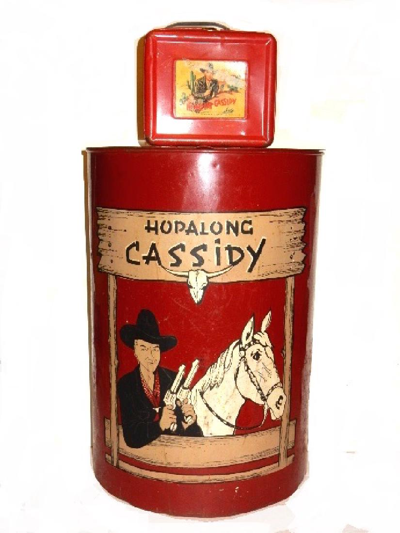 Hopalong Cassidy Clothes Hamper & Lunch Box: Metal clothes hamper with Hopalong and Topper graphics half round w/hinged lid. Condition overall good, few small dents, scratches and some light loss of paint finish and streak of black paint on lid.