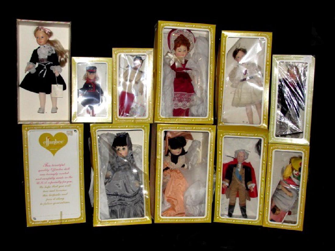 Collection Of 11 Effanbee Doll In Original Boxes: Two #7850 Age Of Elegance Collection; Peach colored dress and bonnet with white lace, and in Lavender dress with bonnet18" tall, Here Comes The Clown doll, Four Seasons doll, W.C. Fields doll ( Only y