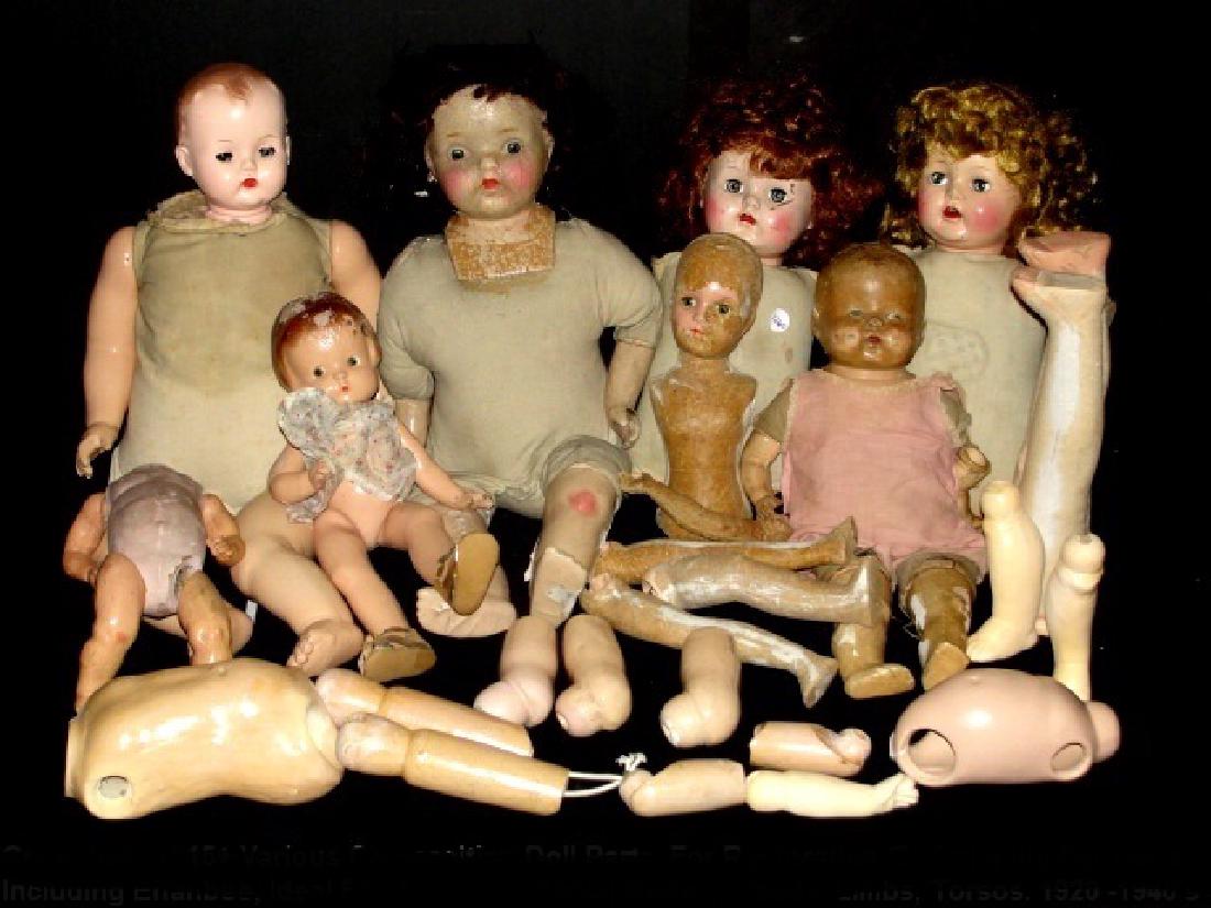 Collection Of 15+ Various Composition Doll Parts: Collection Of 15+ Various Composition Doll Parts, For restoration or stripping for parts , including Effanbee, Ideal, EHI & others. Partial bodies, heads, limbs, torsos. Good deal for doll repair peop