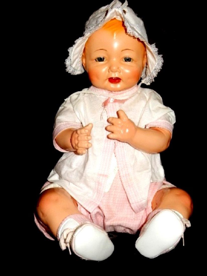 Effanbee "Bubble'' Composition Doll 25'' H. 1924: Gorgeous Vintage Effanbee "Bubbles". Composition chubby body head, shoulder plate, arms, legs and feet, cloth stuffed body. Blue sleep eyes, light rosy cheeks, blonde molded hair red lip color with tw