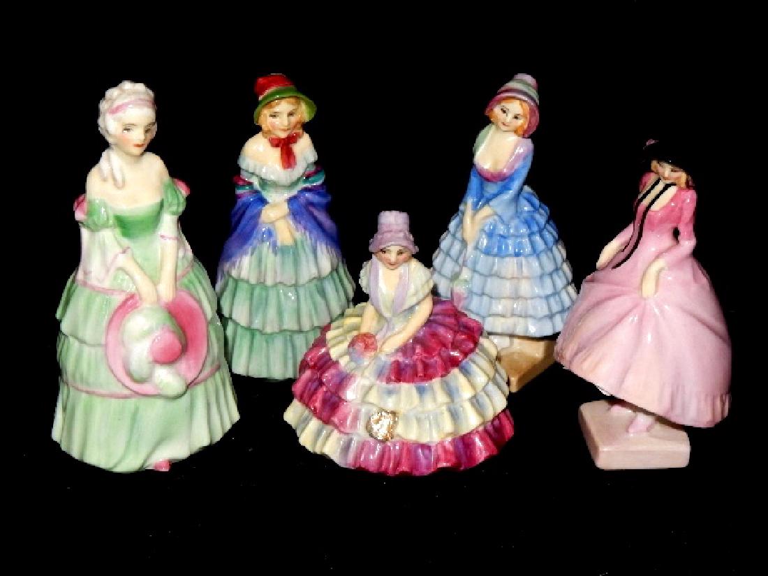 Five Royal Doulton Miniature Series Figurines: Group of five miniature Royal Doulton figurines. designed by Leslie Harradine Issued 1932-1945. Chloe M29 3'' tall. Priscilla M24 3 3/4'' tall, Victorian Lady M2, 3 3/4'' tall, Veronica M70 -4 1/4'' t