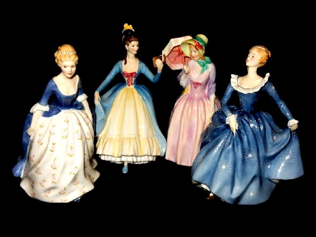 Four R. Doultons Including Early Miss Demure: Group of four Royal Doulton including Miss Demure HN 1402 Copr. 1930 first year of production by designer Leslie Harradine depicts a woman in a light pink gown, purple shawl and pink parasol. H. 7 1/2