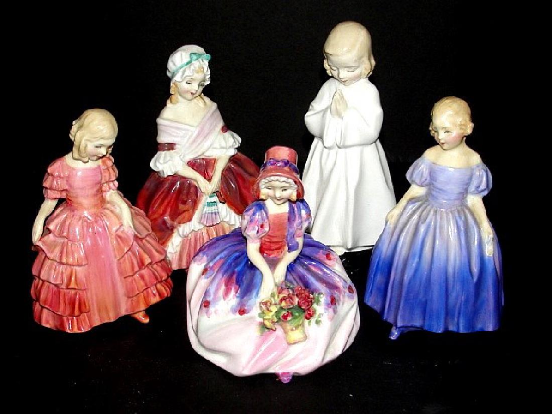Group Lot Of Five Royal Doultons Figurines: Marie HN 1370, Peggy HN 2038, Rose, Monica HN 1467 and Bed Time HN 1978. Condition all very good except Monica having hairline on base .