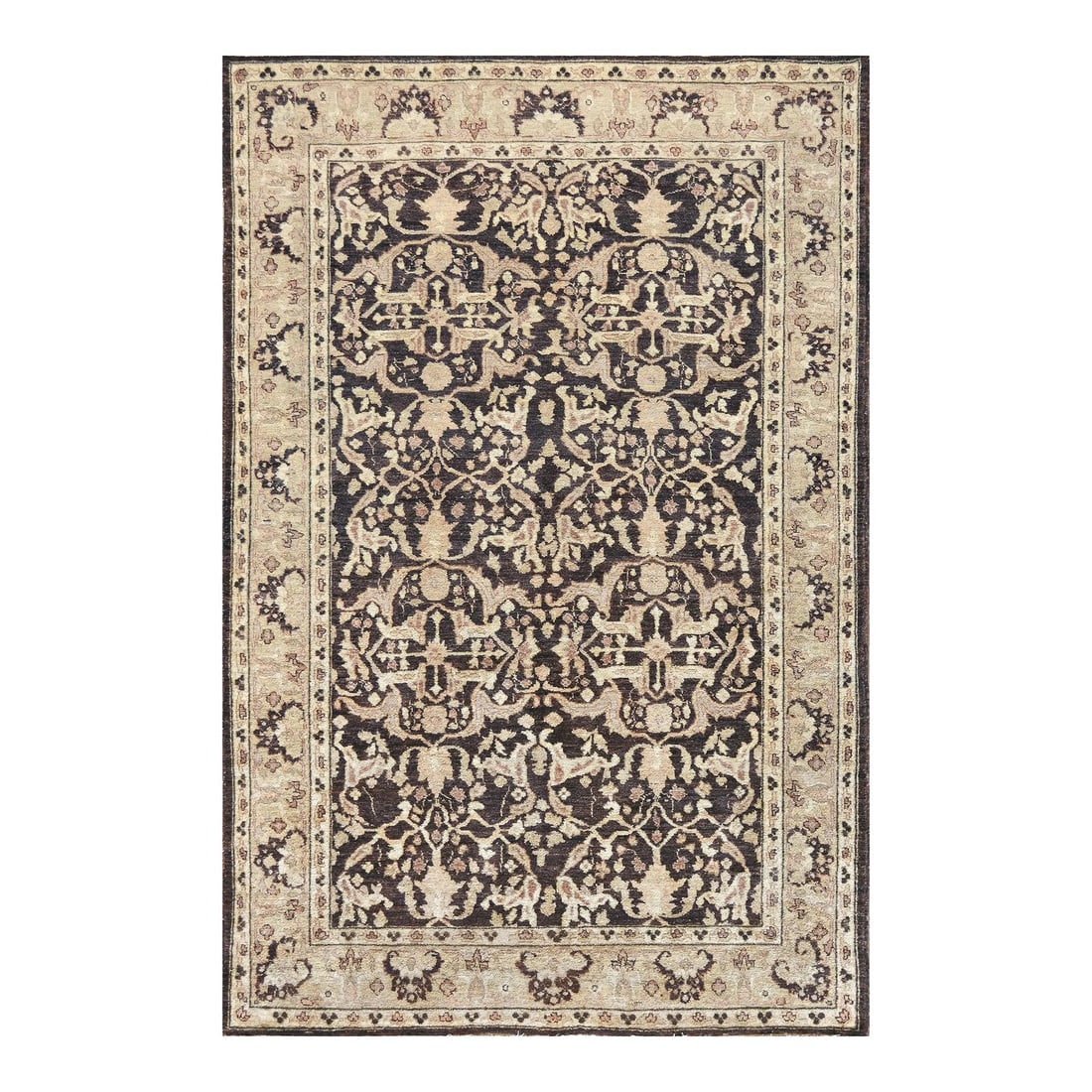 Revival Handwoven Agra-Inspired Wool Rug: This hand-woven reproduction Indian Agra inspired rug has a dark brown field with an inviting Garrus field, in a muted beige interlaced palmette border, between delicate ivory floral vine stripes.