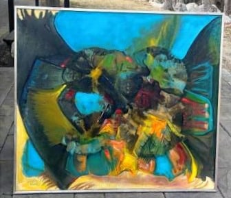 Large Abstract Blue / Green Oil-On-Canvas by Rhode Island artist Antonio Dattorro: Oversized abstract original art painting by fine artist and POW survivor, Rhose Island's Antonio Dattorro. Dattorro was a Bataan Death Match survivor back in 1942. He was a POW for three years. Dattor