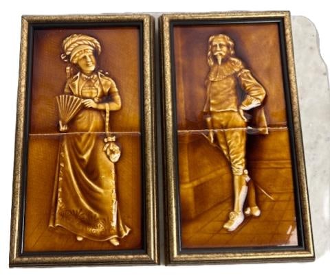Antique Majolica Tiles, Fancy Man & Woman, Signed "CH", Richly Glazed, Professionally Framed (1 of 2)