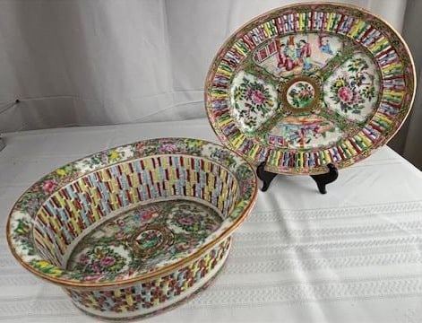 Antique Chinese Export Rose Medallion Reticulated Bowl and Underplate, c. 1860 (1 of 5)
