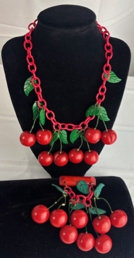 Bakelite Cherries Bright Red Necklace & Pin Brooch (1 of 4)