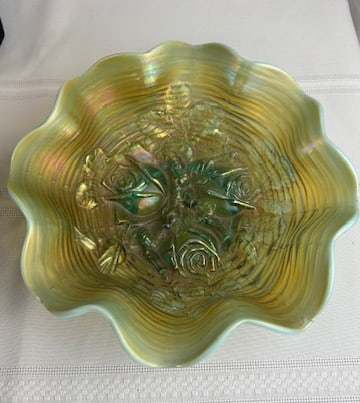 Antique Northwood Aqua Opal Rose Show Carnival Glass Ruffled Bowl: Antique Rose Show Bowl. Three large, highly detailed roses in great relief form the center of the bowl. Leaves and rose buds surround the roses. It has a strong aqua-hued center with wonderful pastel