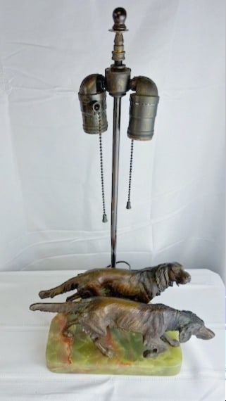 Magnificent Lamp - 2 Bronze Dogs on Green Marble Base (1 of 3)