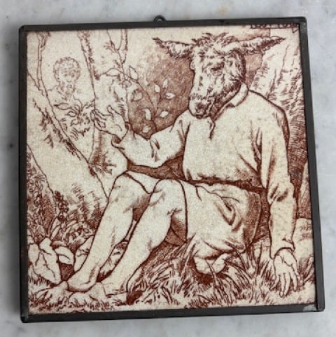 Antique Art Tile, A Midsummer Night's Dream, "Bottom" Character in Woods: Antique Art Tile, Shakespeare A Midsummer Night's Dream, Bottom Character