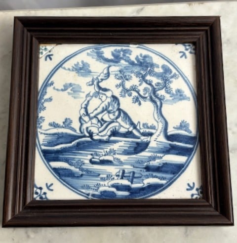 Antique Blue & White Art Tile, Soldiers Fighting: Antique Blue & White Art Tile, Soldiers Fighting