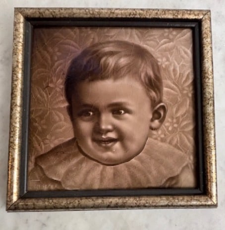 Antique Signed Tile, Smiling Baby with Collar, Framed: Antique Signed Tile, Smiling Baby with Collar, Framed