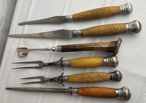 6 Piece Serving Pieces w/ Antler/ Stag Horn Handles & Sterling Bands (1 of 3)