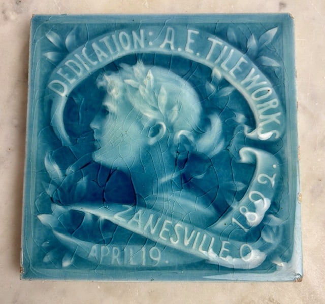 Zanesville Ohio Commemorative Encaustic Tile, 1892 by A.E. Tileworks, Robins Egg Blue (1 of 2)