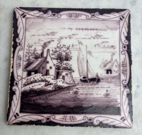 Antique Delft Dutch Tile, Brown & White, House and Sailing Scene, 19th Century: Antique Delft Dutch Tile, Brown & White, House and Sailing Scene