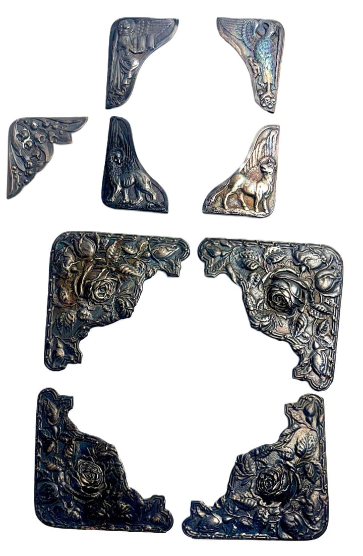 9 Sterling Silver Antique Book Corners, Ornate, Figural and Floral, Rare & Unique: 9 Sterling Silver Antique Book Corners, Ornate, Figural and Floral.Quite rare, hard to find.
